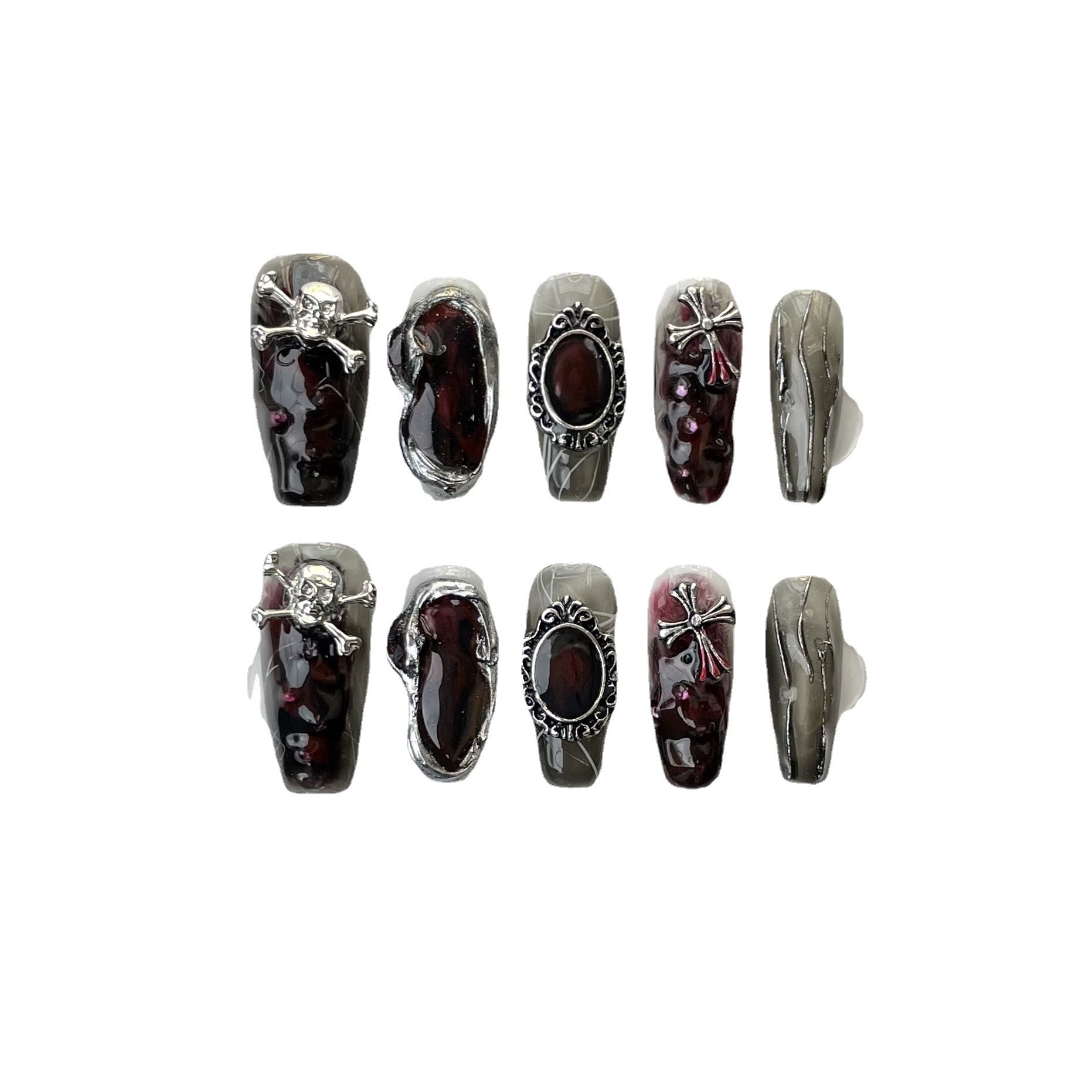 Unhas postiças de Halloween estilo dark spice girl caveira artesanal Crowe coração sentido avançado | 365nails