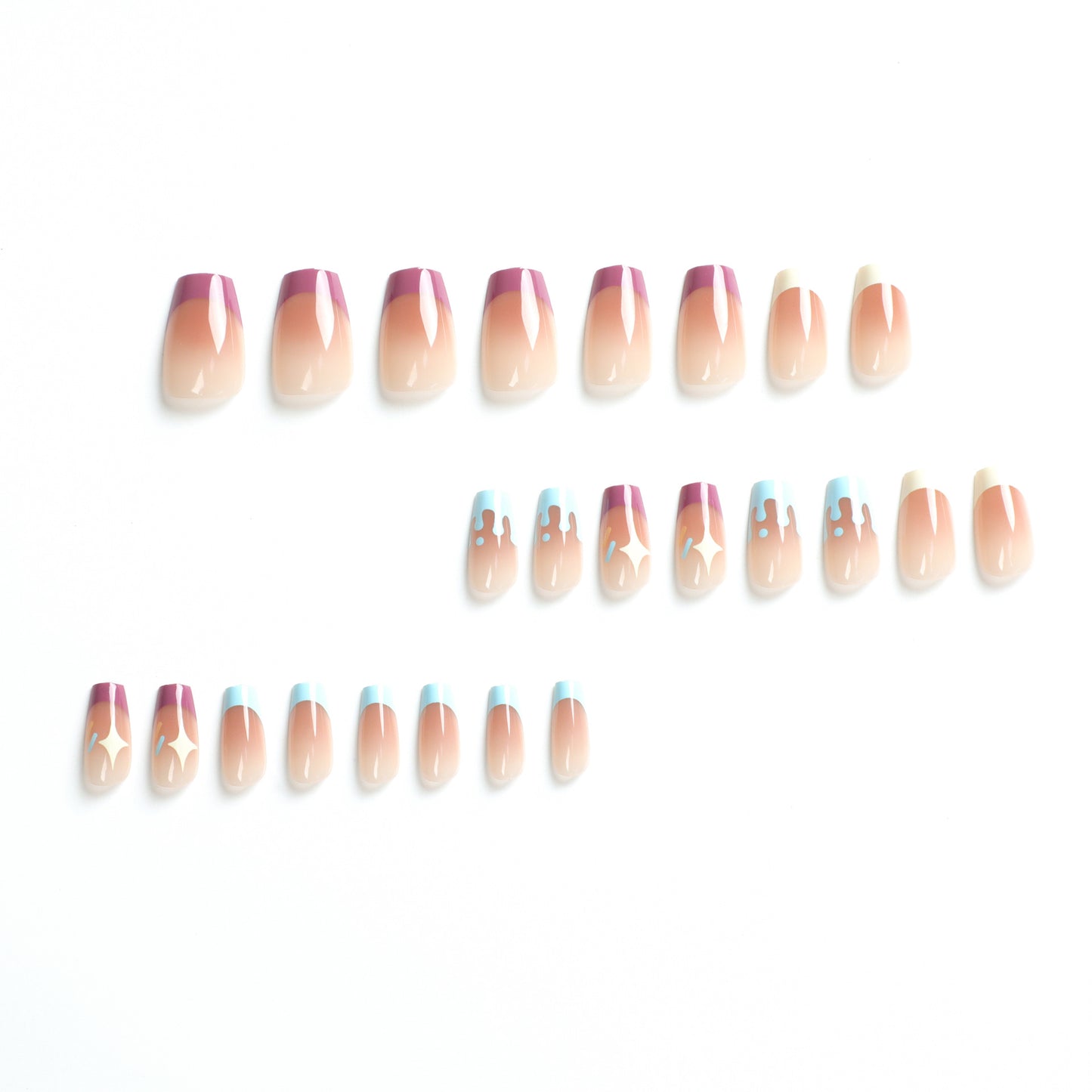 Vestindo armadura, lindo coração azul fluindo, feitiço duplo amarelo e roxo, branco francês, estrela ins vento vestindo armadura, atacado.|365nails