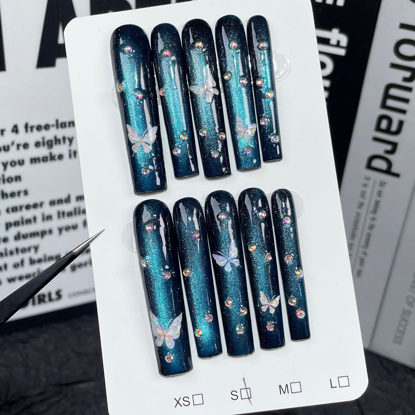 Handmade armor flash blue cat eye 5D relief butterfly long nail art super long water pipe nail|365nails
