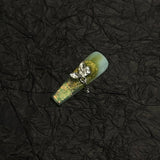 Misty Green Black Rose Pearl Gold Long Coffin Press On Nail