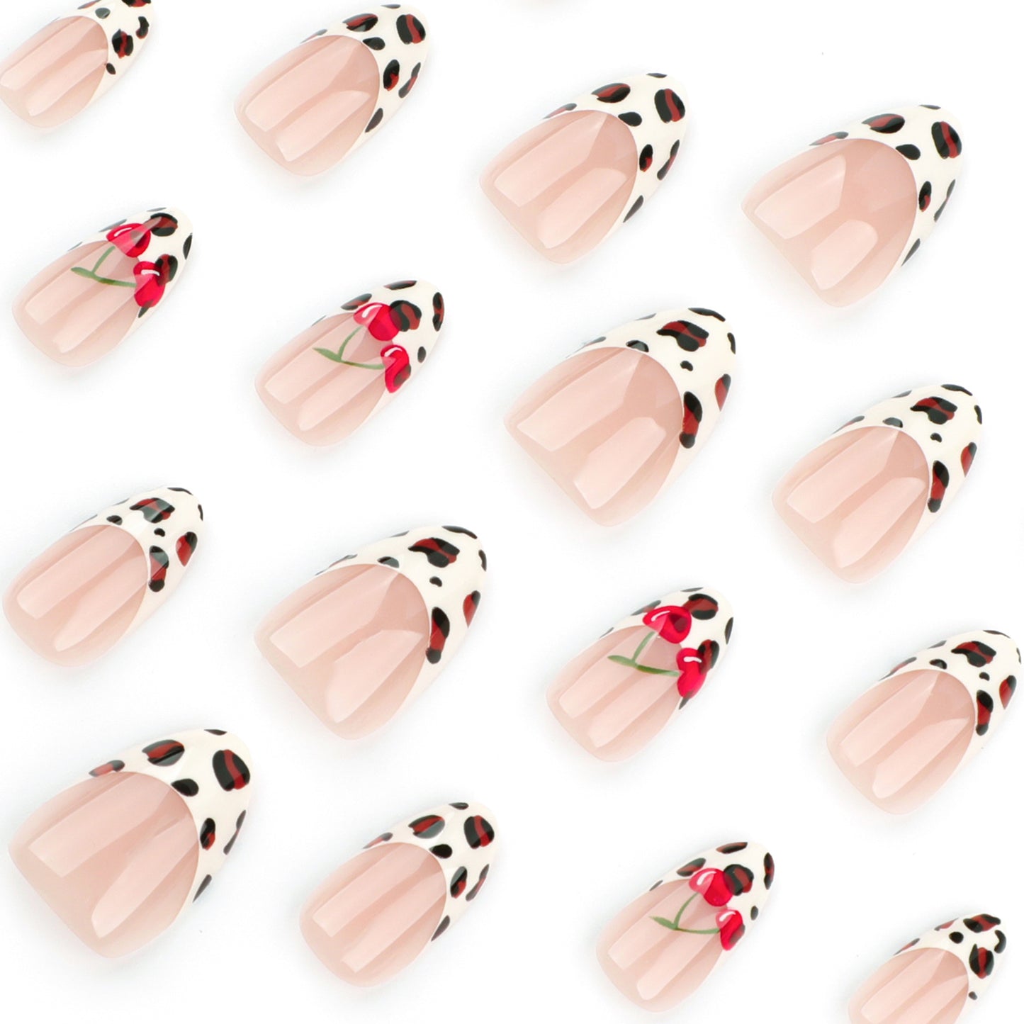 Unhas postiças com estampa de leopardo francesa simples, unhas de cereja repetíveis, folhas de unha de pressão | 365nails