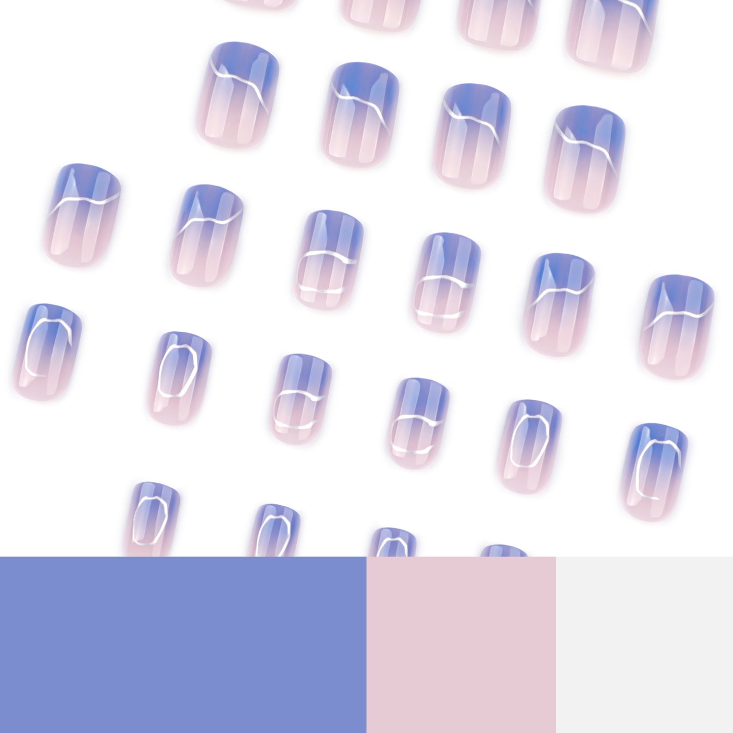 Manicura de uñas cuadradas cortas, de tendencia, con cambio gradual en azul y rayas irregulares plateadas | 365nails