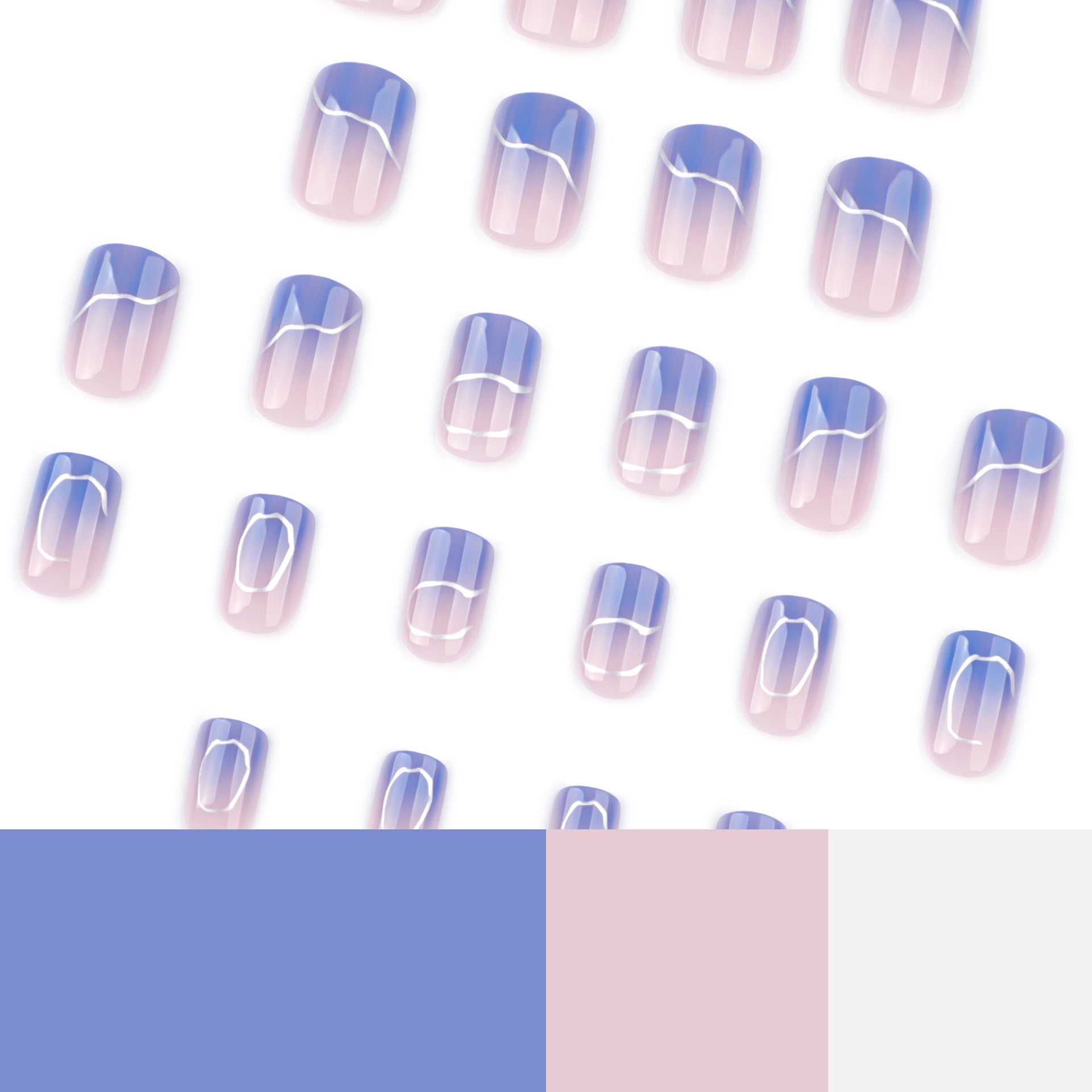 Manicura de uñas cuadradas cortas, de tendencia, con cambio gradual en azul y rayas irregulares plateadas | 365nails