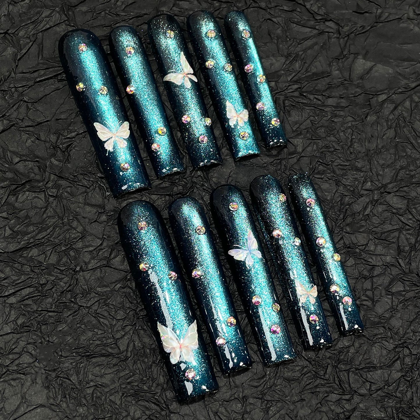 Handmade armor flash blue cat eye 5D relief butterfly long nail art super long water pipe nail|365nails