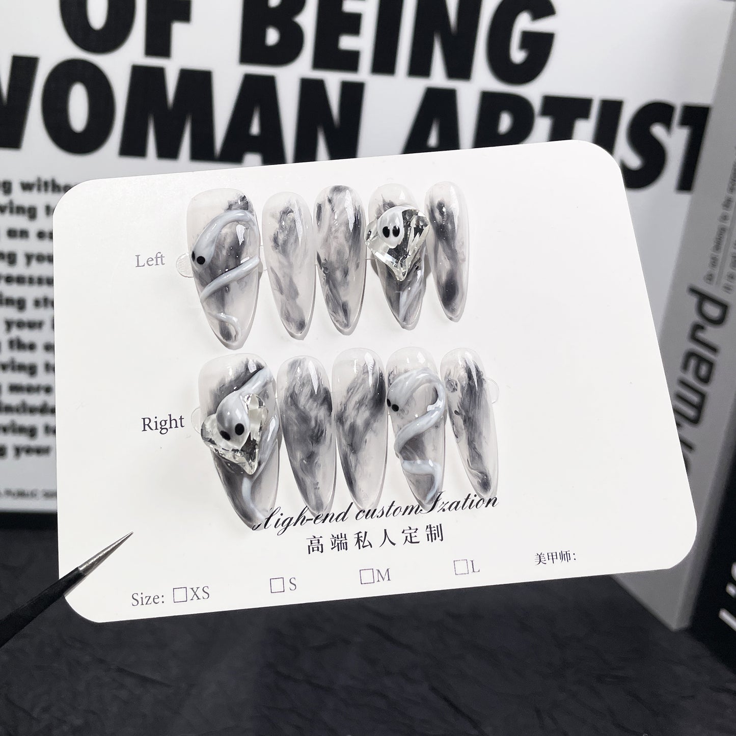 Uñas postizas hechas a mano con efecto hollín frío, diseño de serpiente en espiral tridimensional, parche para uñas de Spice Girl de tamaño mediano y largo, adhesivo para uñas portátil | 365nails