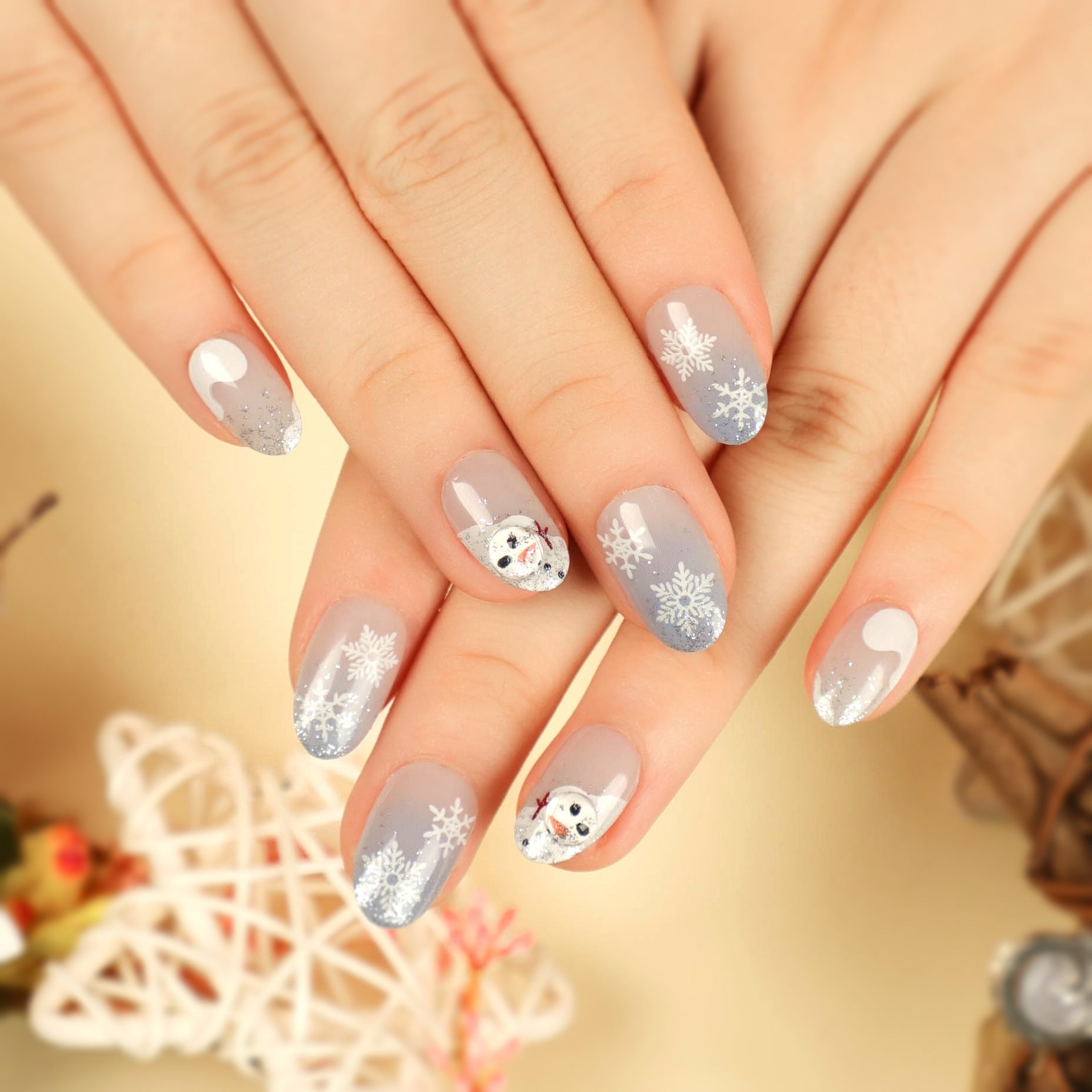 Christmas snowflake love snowman manicure short almond