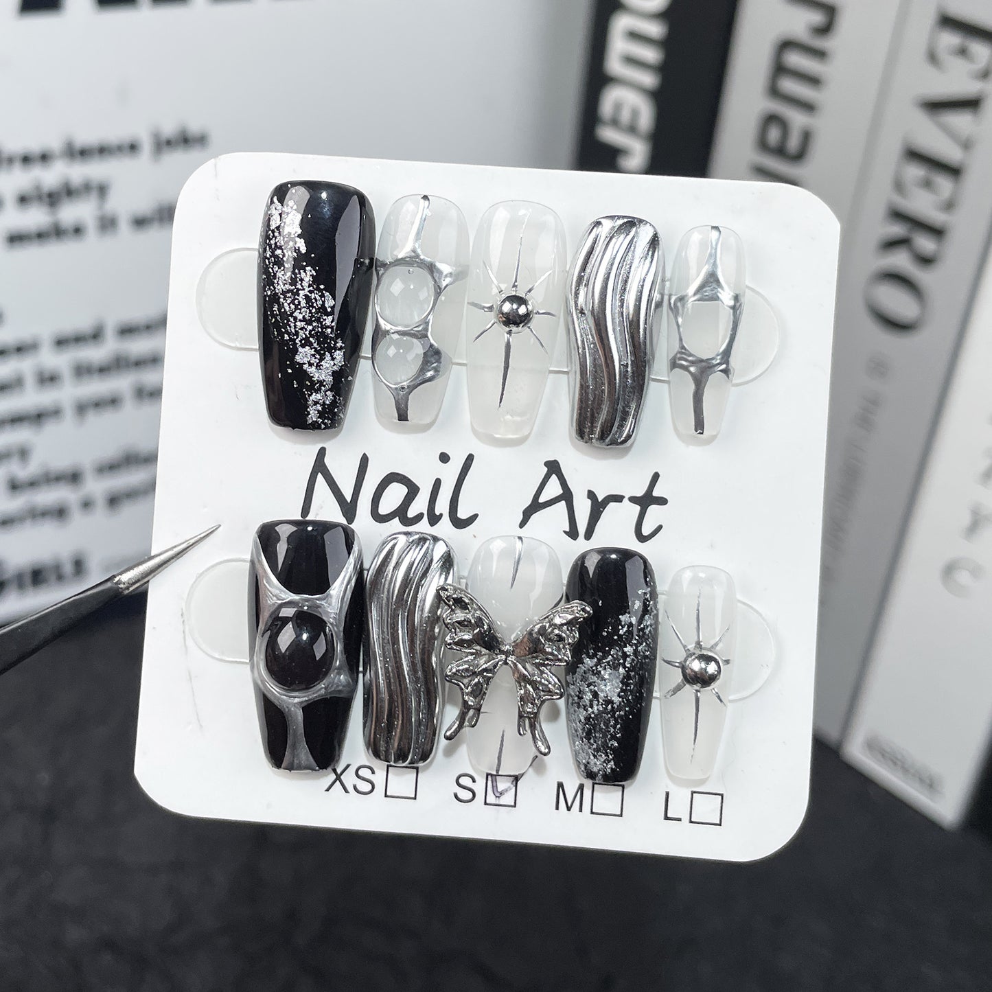 Textura metálica avançada simples, escura, doce e fria, Spice Girls, média e longa, unhas de pressão feitas à mão | 365nails