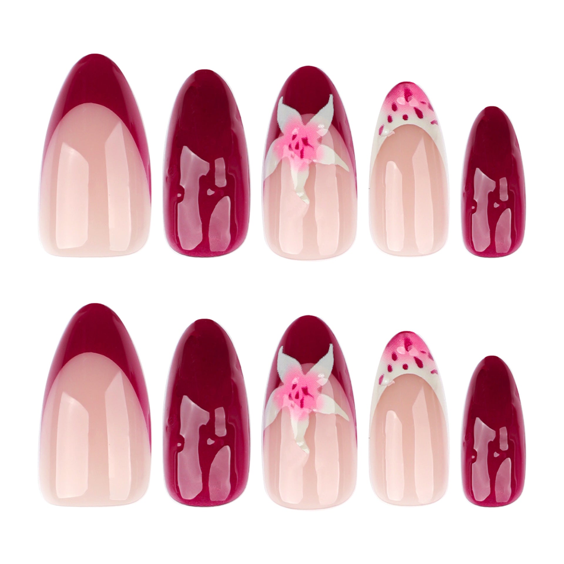 French burgundy 3D three-dimensional flower short almond press-on nails