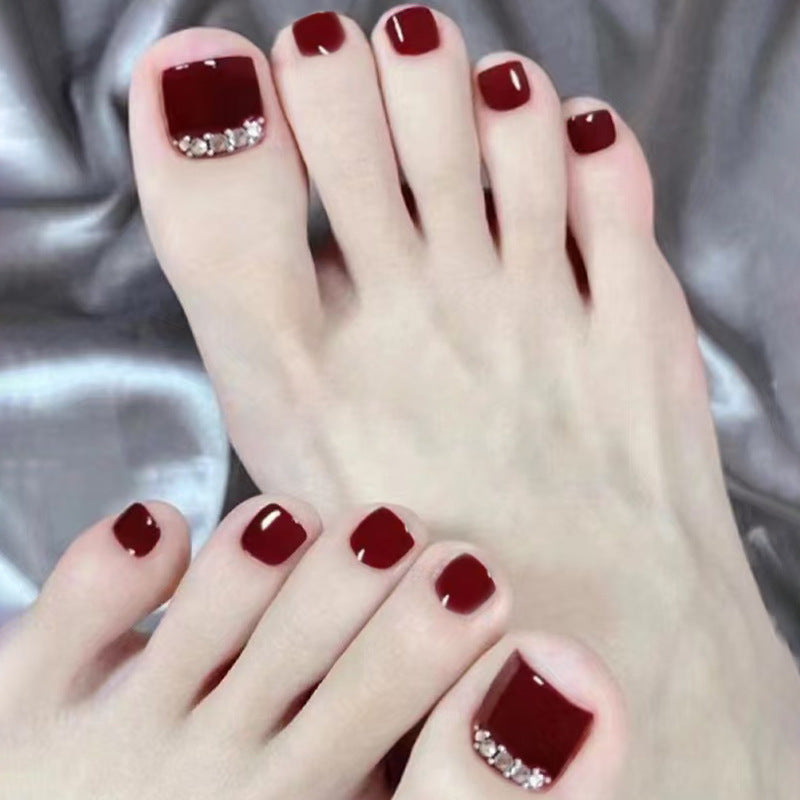 Unhas falsas cor vinho, unhas dos pés, cor sólida, removíveis, unhas postiças, unhas dos pés de pressão, diamante, 24 peças|365 unhas