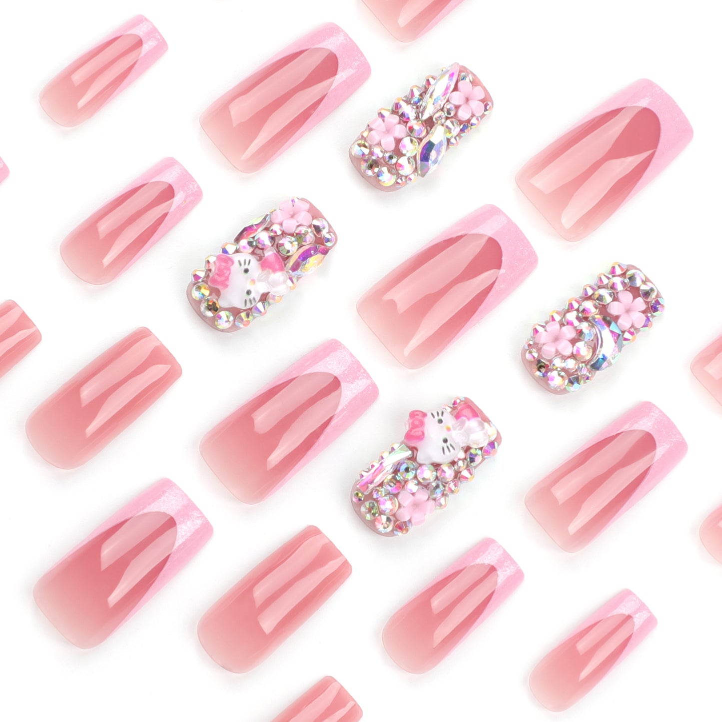 Unhas postiças japonesas fofas com armadura de flor e diamantes brilhantes, unhas postiças francesas rosa|365nails