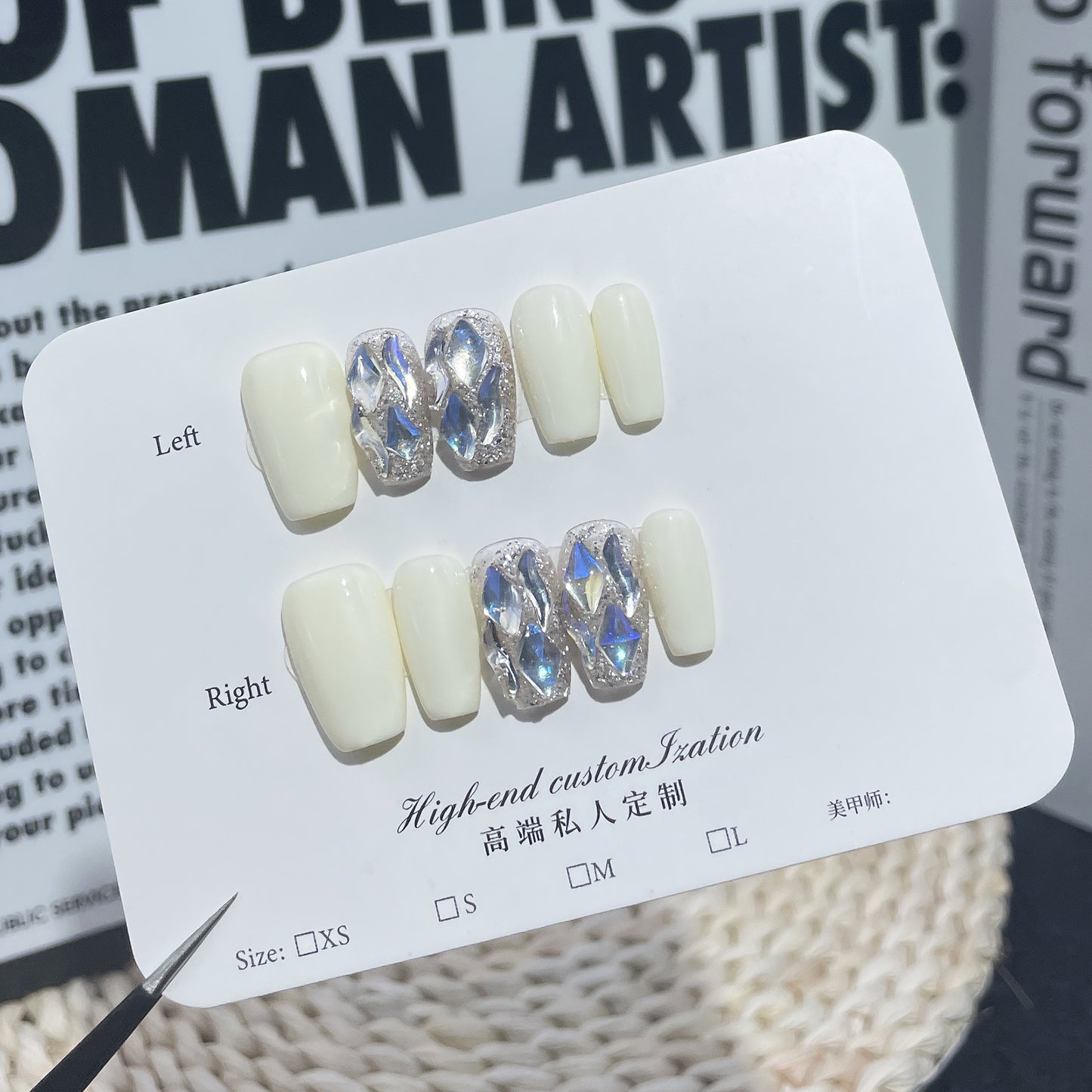 Pure handmade worn nail coconut milk color simple and versatile moonlight bright diamond short nail patch wearable nail sticker|365nails