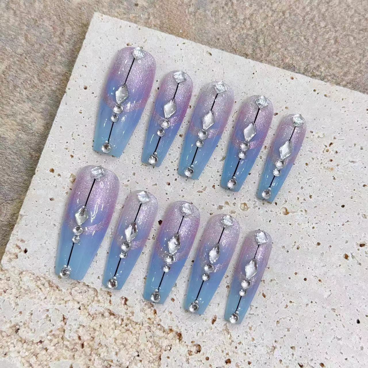New Handmade cat eye Gradient Diamond Phototherapy White Versatile False Nails | 365nails
