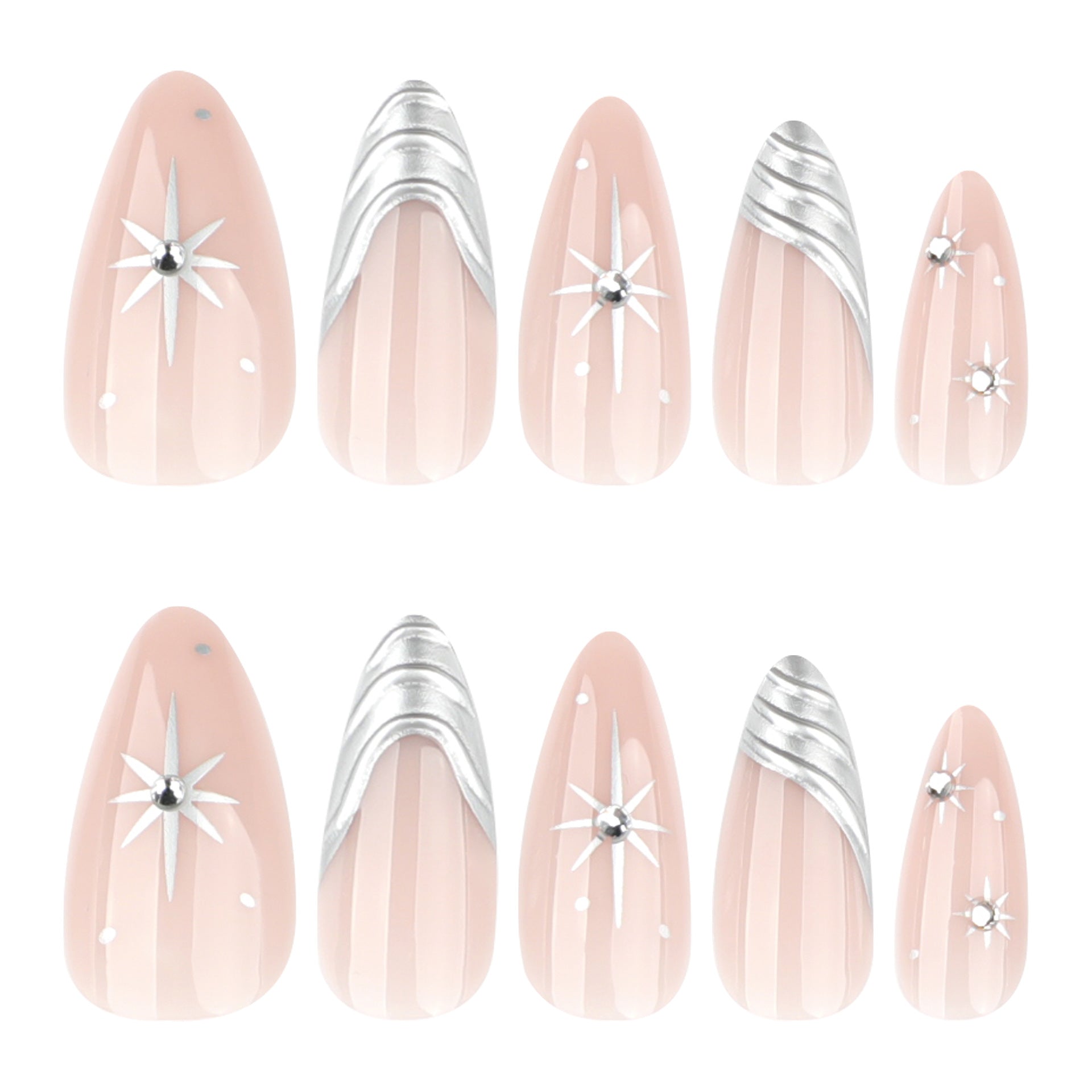 French 3D Silver Metallic Wind Pink Short Almond press-on nails