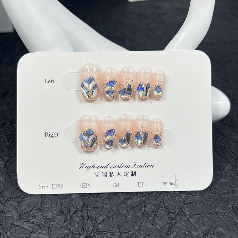 Summer fresh moonlight blue bright diamond short manicure patch detachable fake nails pure handmade press-on nails wholesale|365nails