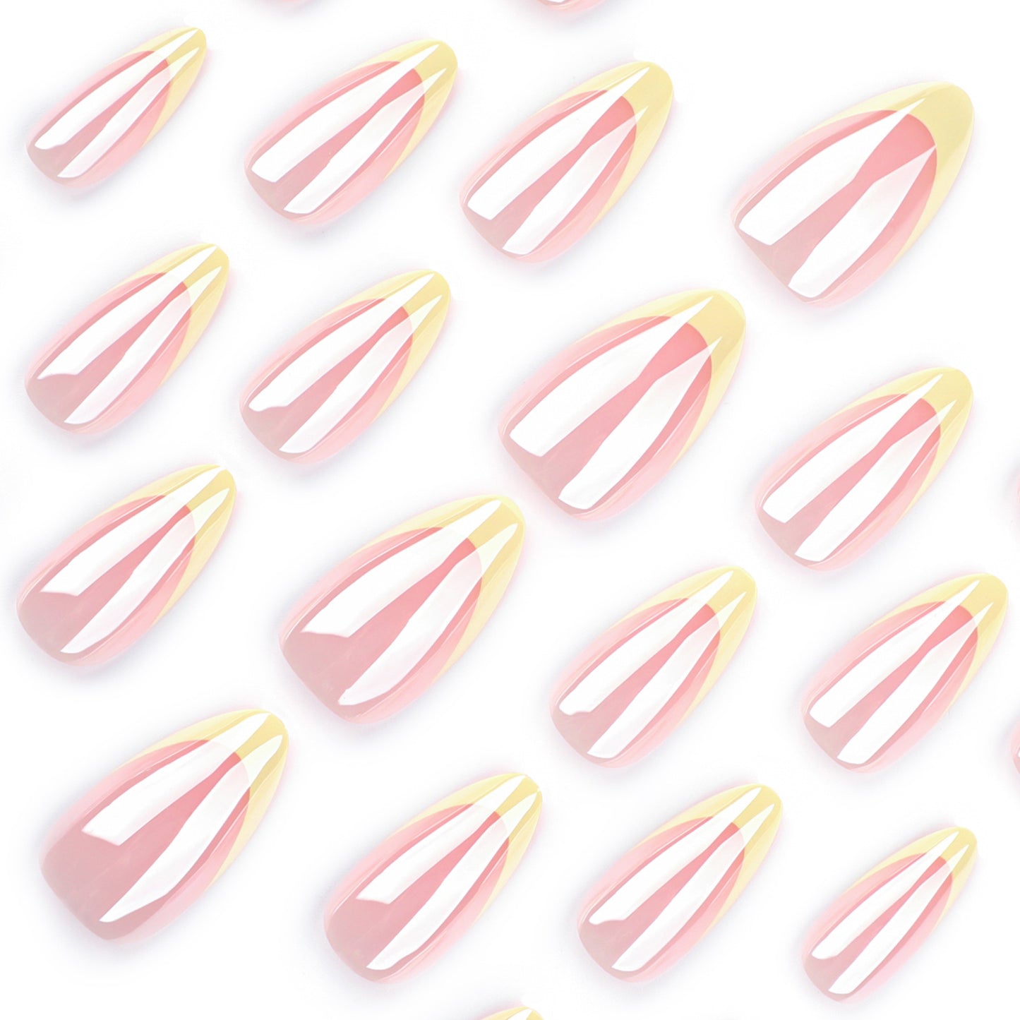 Uñas francesas con recubrimiento de polvo desnudo, sencillas y con borde amarillo, manicura corta en almendra, pieza de uña de gran venta al por mayor | 365nails