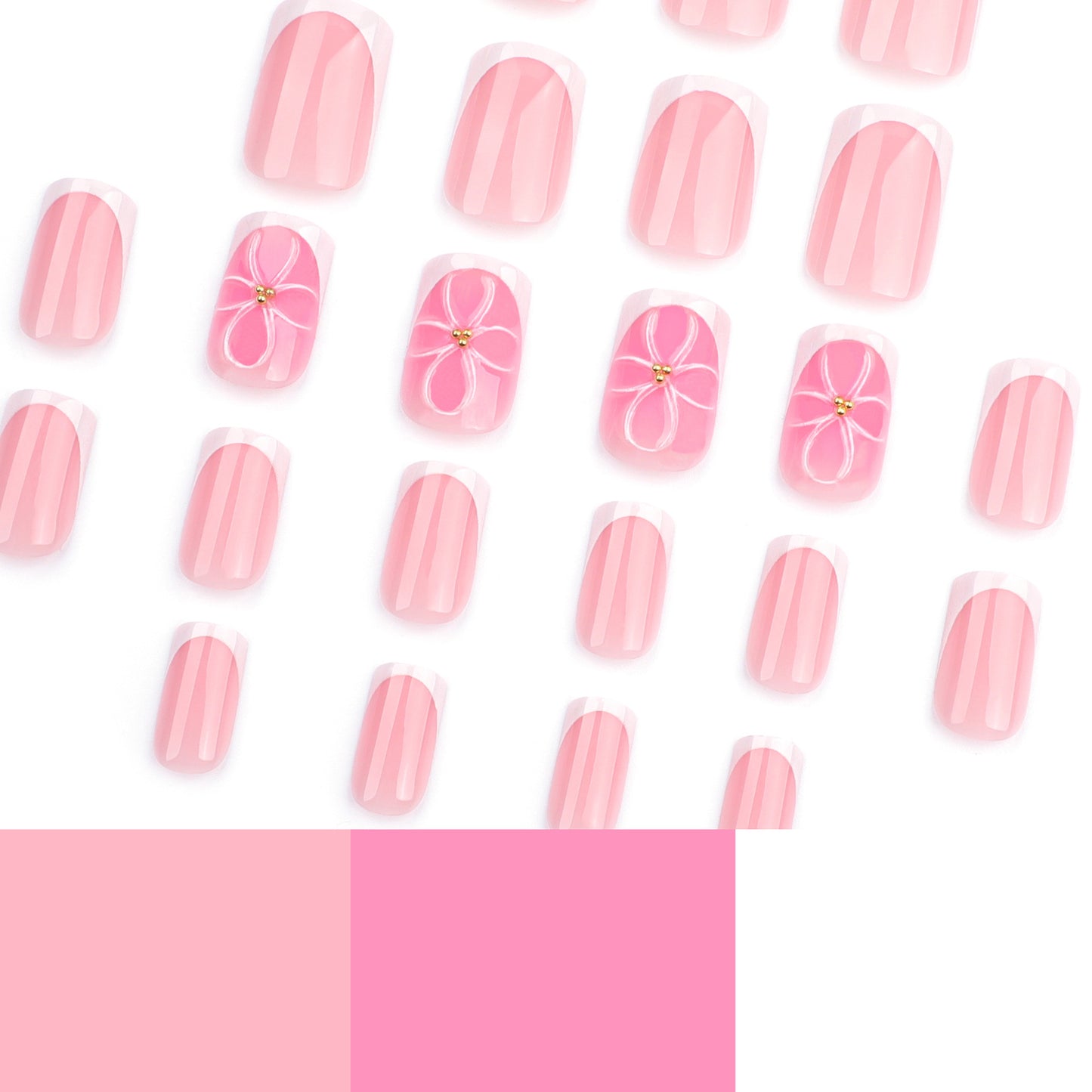 Unhas postiças quadradas curtas com blush branco francês simples e flor 3D por atacado | 365nails