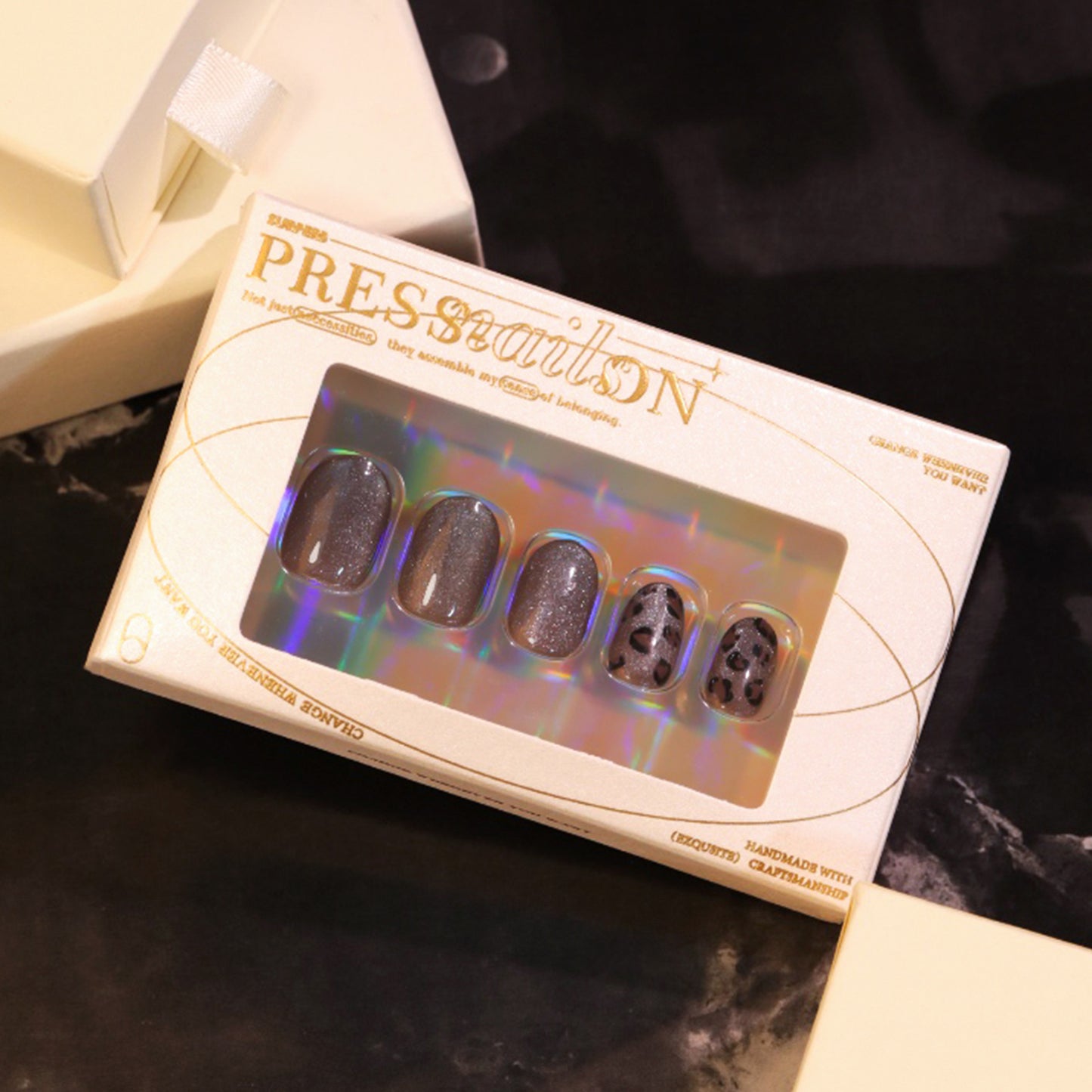 Popular película de lujo Spice Girl en gris oscuro corto con estampado de leopardo y ojos de gato para otoño e invierno (365nails)