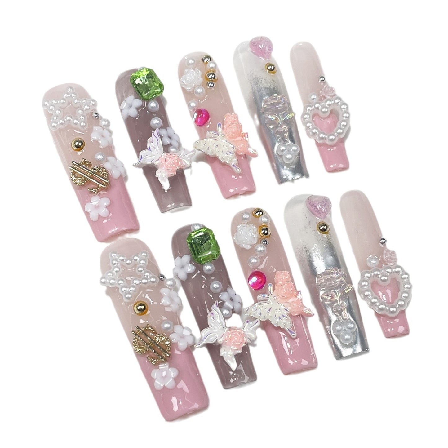Long water pipe manicure, sweet French two-color butterfly handmade armor, wearable fake nail wholesale|365nails
