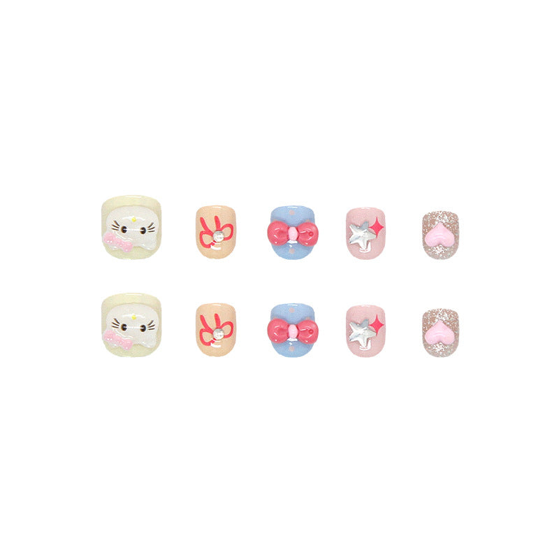 Uñas postizas con diseño de estrellas brillantes y divertidas para niños, con lazo de gato y viento | 365nails