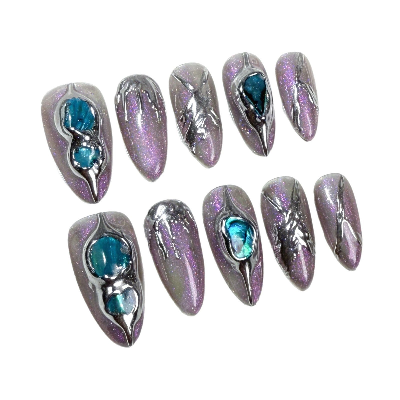 Handmade Press-on Nails Baroque Aurora Transparent Black Three-dimensional Metal Shaping Almond Nail Wearable Nail Sticker|365nails