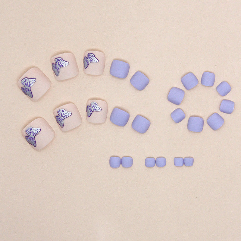 Manicura de uñas postizas para pies con diseño de mariposa morada romántica esmerilada para niña dulce, 24 uñas postizas para usar | 365nails