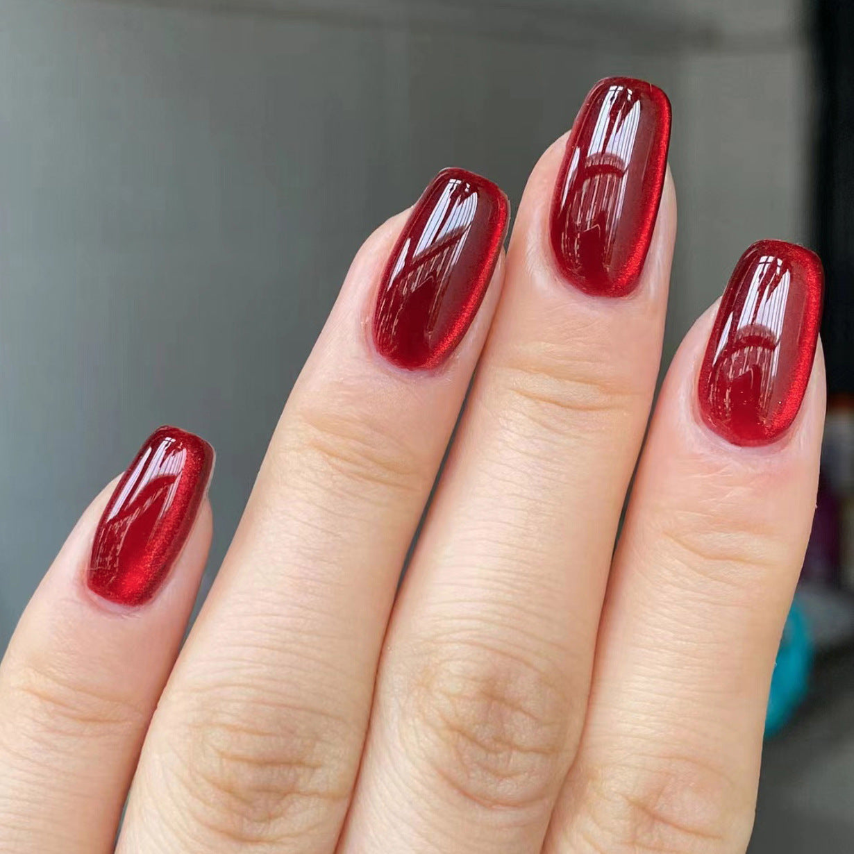 New Year's cat eye red solid color short autumn and winter white simple nail art removable factory |365nails