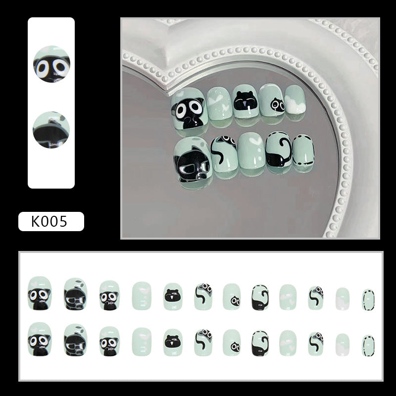 Fresh green base cute little black cat manicure kids nails|365nails