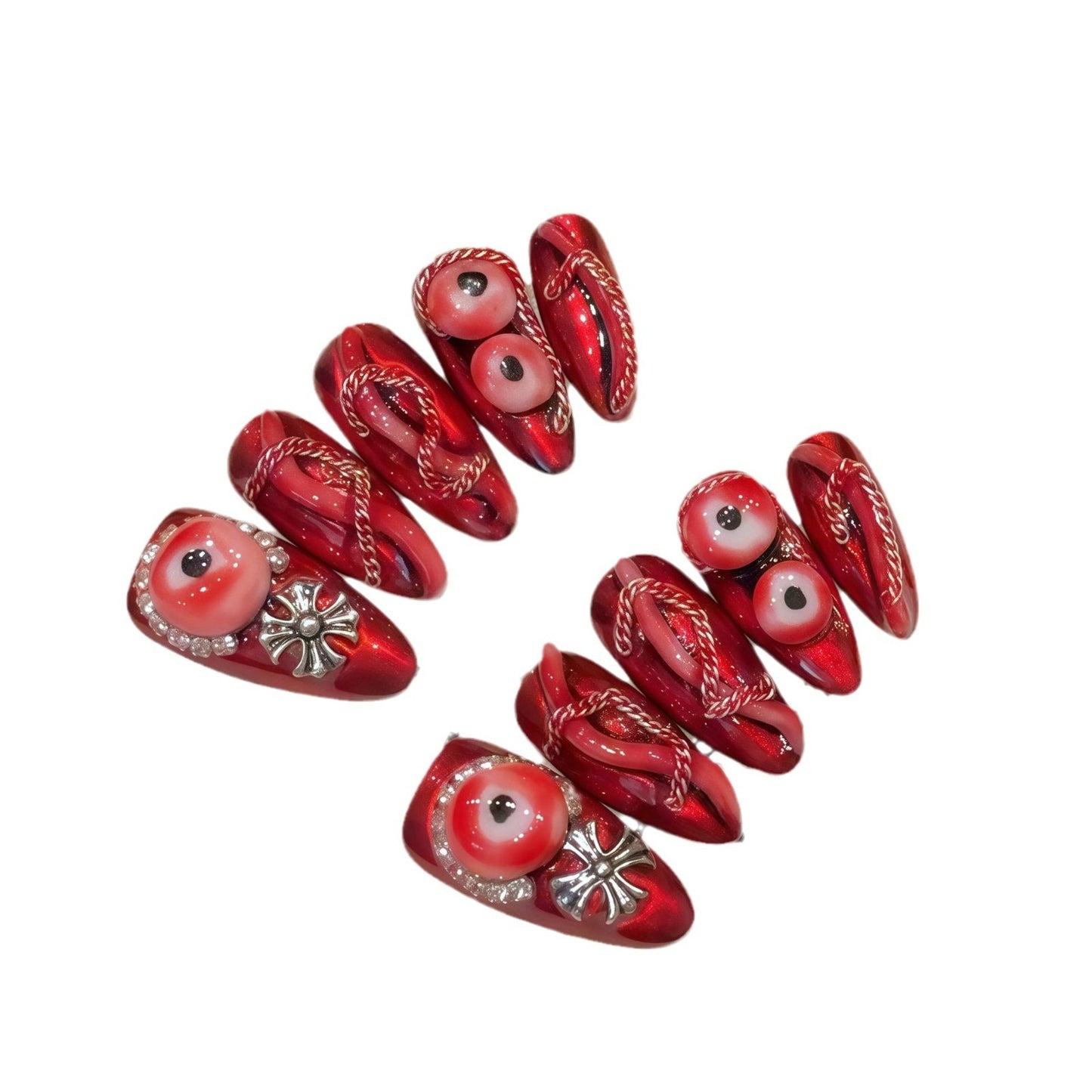 hot girls dark ruby hand-painted temperament three-dimensional snake pattern fake nails white wear manicure | 365nails