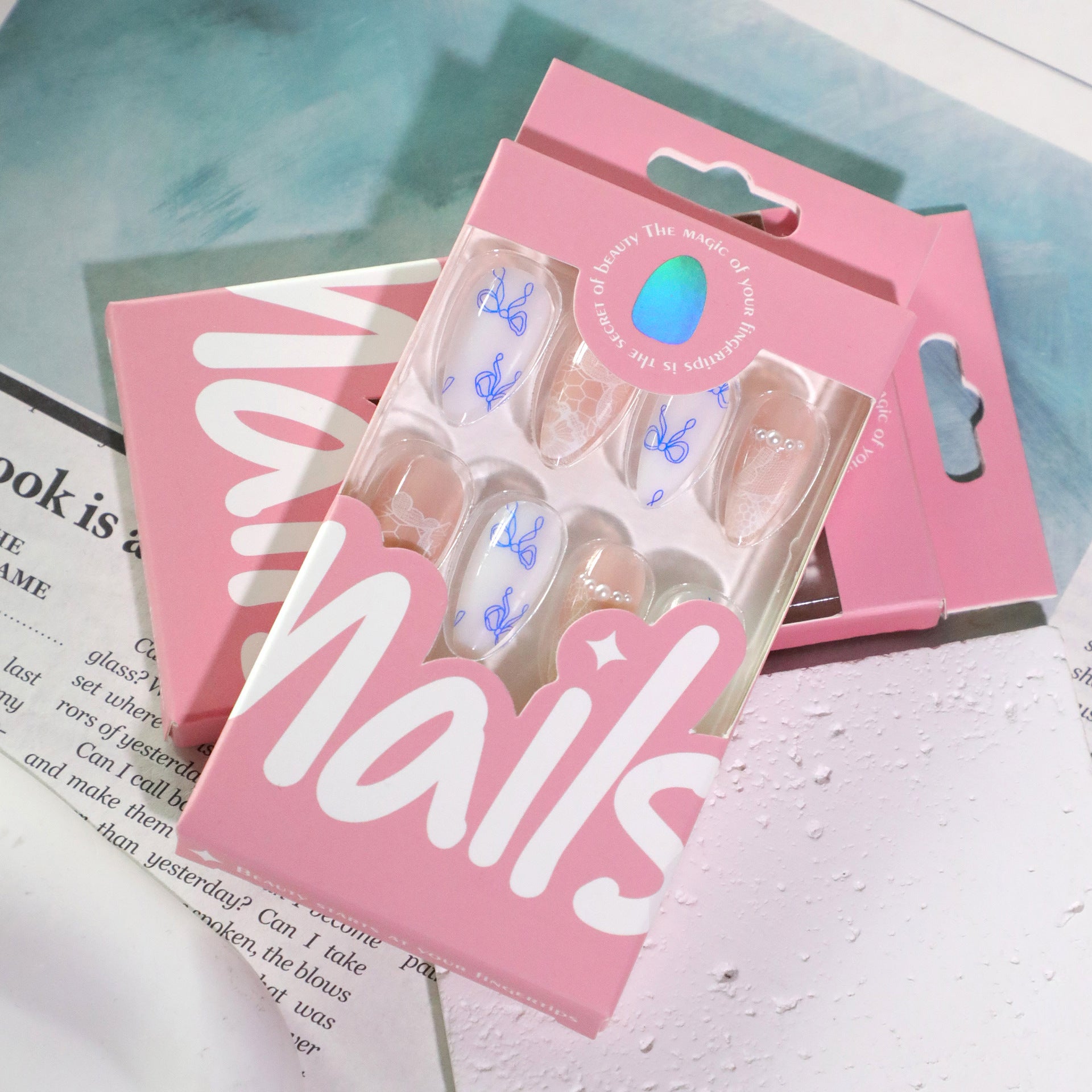 French blue bow press-on nails