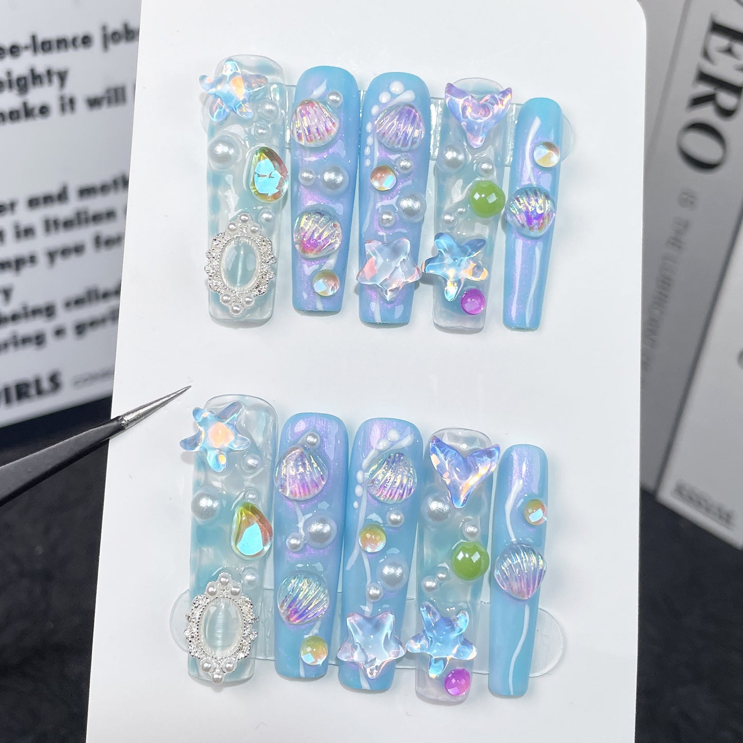 Extra Long Oval,blue dream ocean, cute and fresh long handmade press on nails|365nails