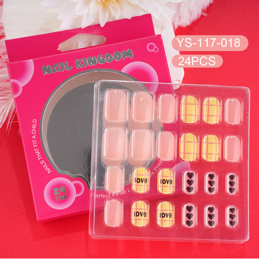 Children press on nails, cartoon 24-piece boxed finished product, sweet and cute children's removable fake nail patch manicure