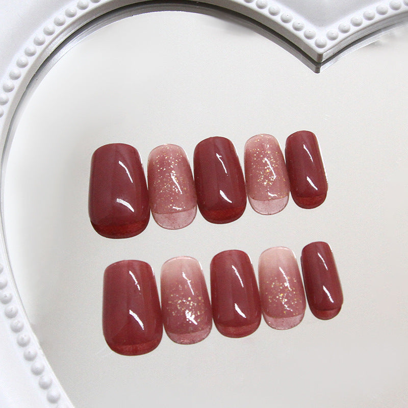 Nail Tips prefabricated nail press on nails gold powder removable nail piece burgundy short T nail patch diamond |365nails