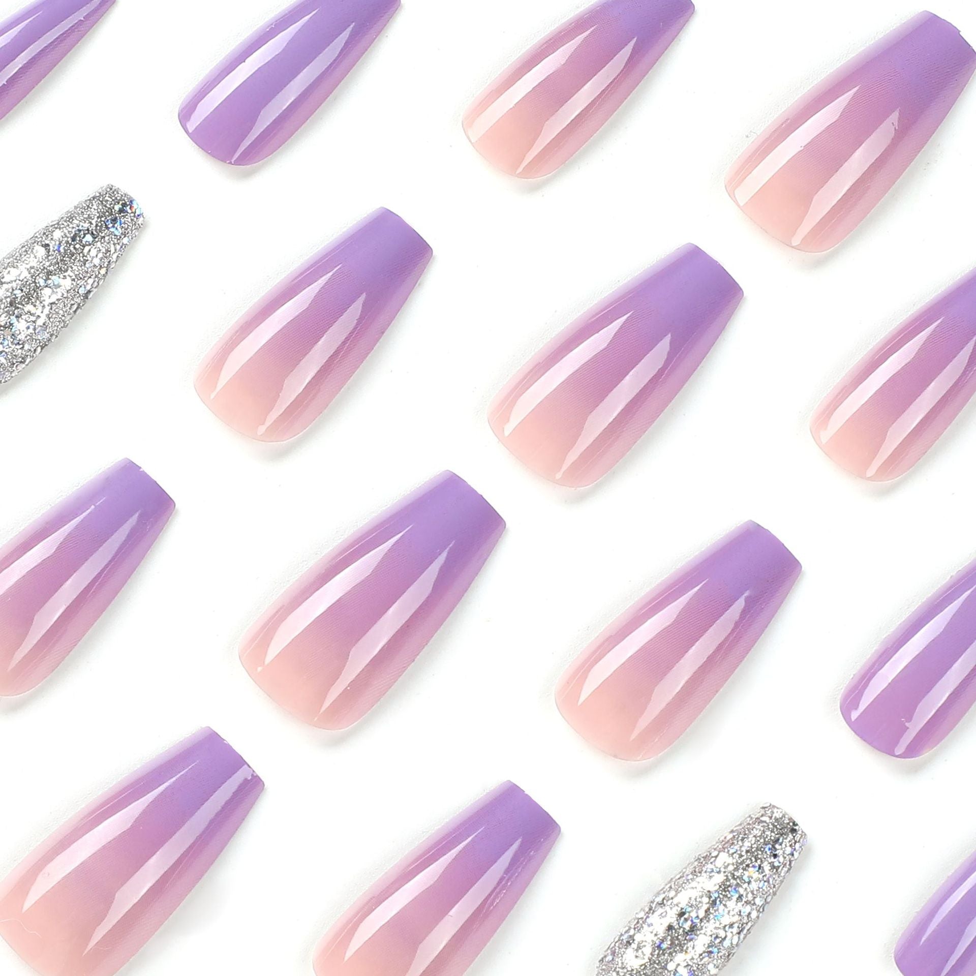 Pegatina para uñas ponible Cambio gradual morado Pieza para uñas ponible Uña postiza con lentejuelas plateadas terminadas Uña con acabado removible|365nails