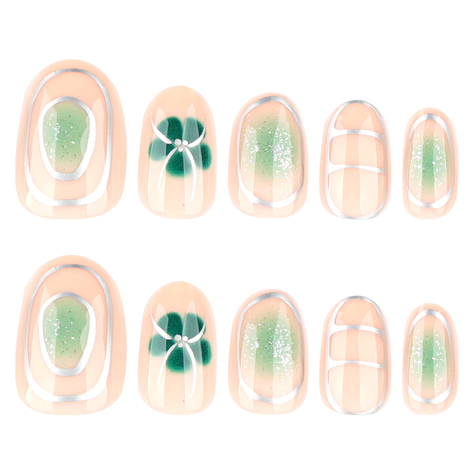 Fresh green smudges summer flowers almond-shaped press-on nails