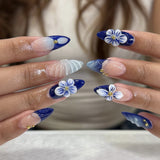 3D Blue Flower Almond Long Removable press-on nails