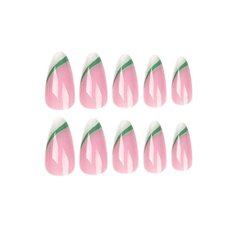 Unhas postiças francesas chanfradas com amêndoa, verde camaleão, manicure curta, peça de unha repetível, atacado de fábrica|365nails