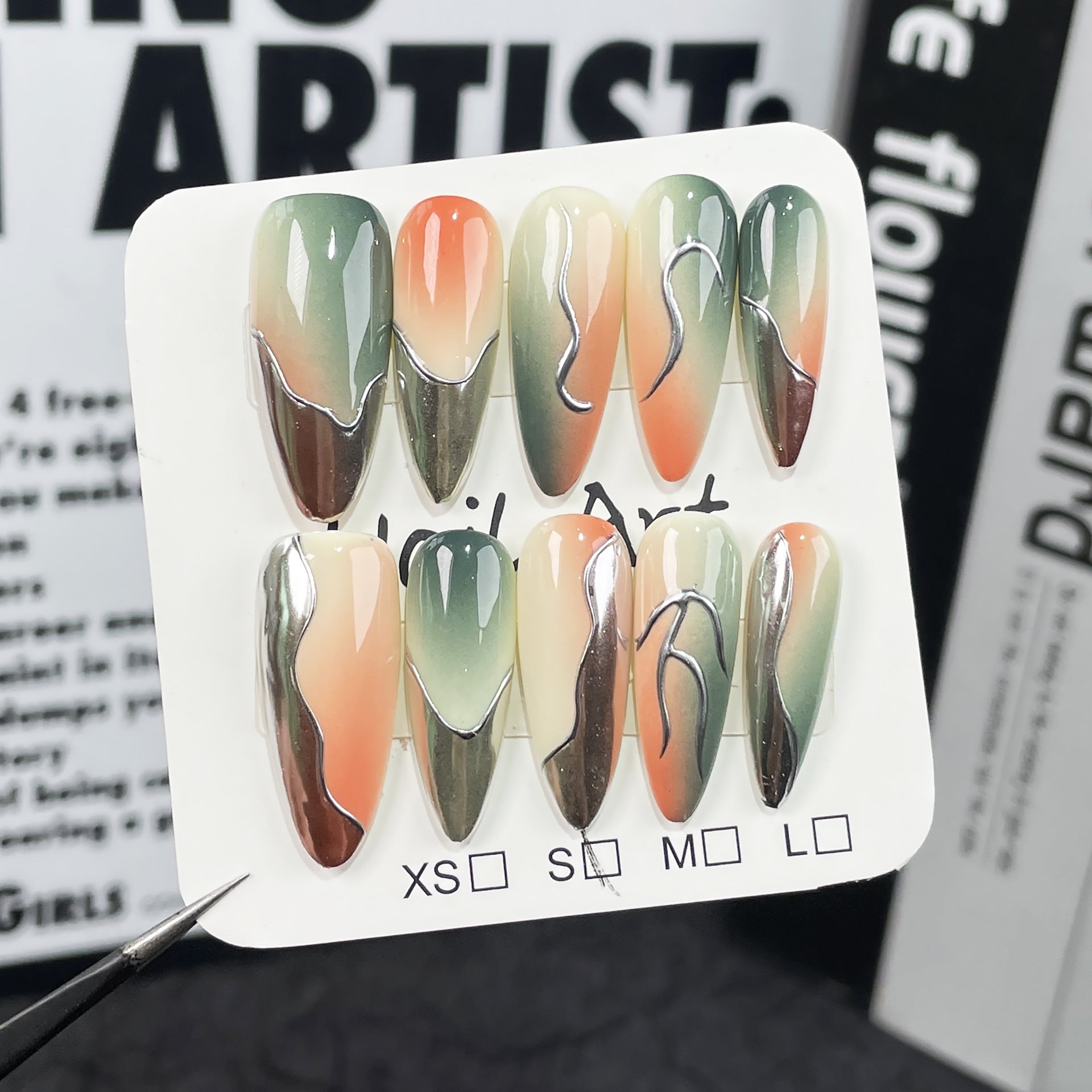 Manicura con aerógrafo, cambio gradual, modelado de metal irregular, manicura larga de Spice Girls, parche adhesivo|365nails