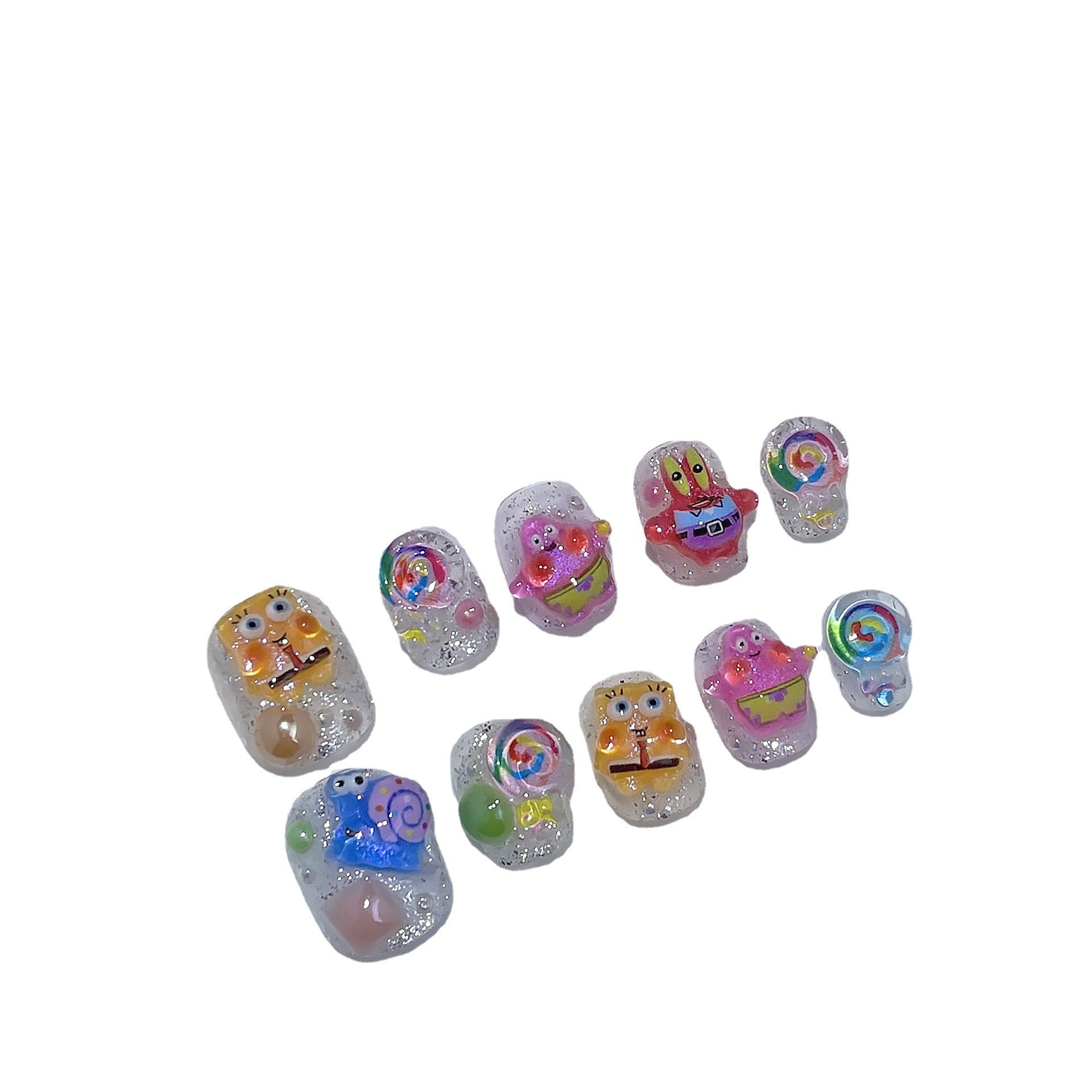 Unhas postiças curtas com desenho animado fofo, Bob Esponja Calça Quadrada, Patrick Estrela, arte de unha curta, patch finalizado, usável, 365nails