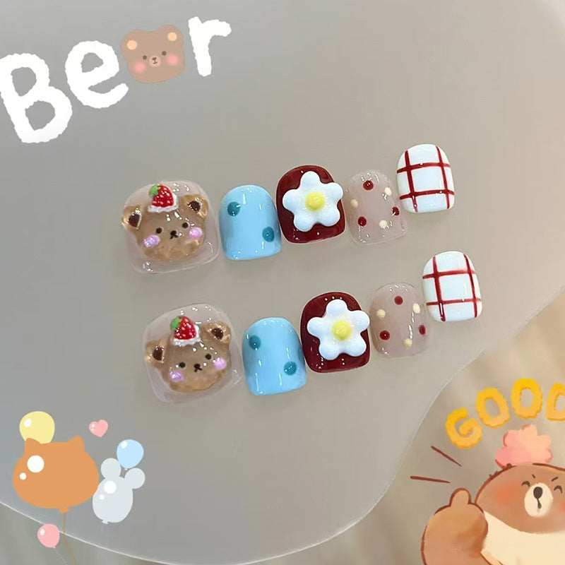 Cartoon bear flower colorful polka dot plaid cute playful ins wind fake nails kids nails|365nails