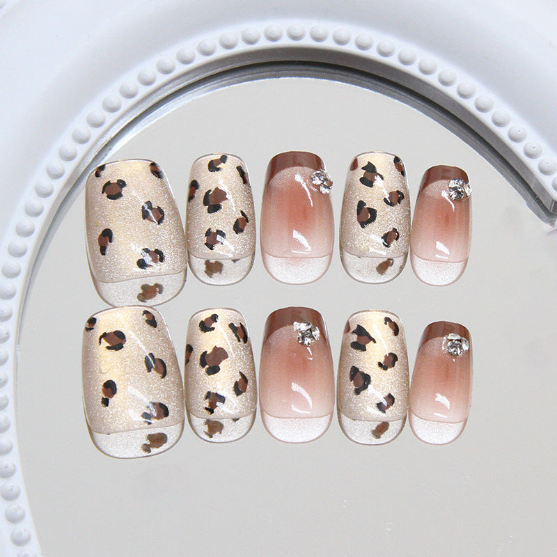 Pontas de unha pré-fabricadas, unhas de café, estampa de leopardo francesa, olho de gato, flash, pilha, broca, vento, unha falsa, peça de unha removível, broca|365nails