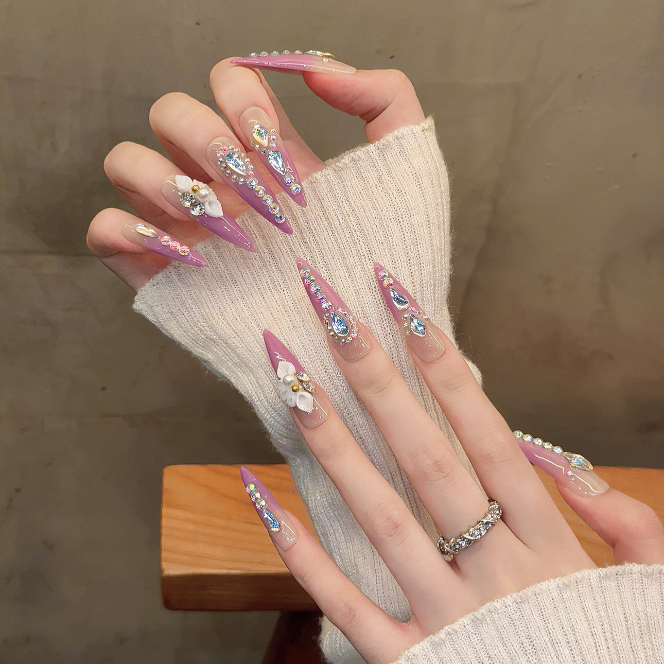 handmade nails full of diamonds, flower special-shaped diamond square length A type removable belt type extra long | 365nails