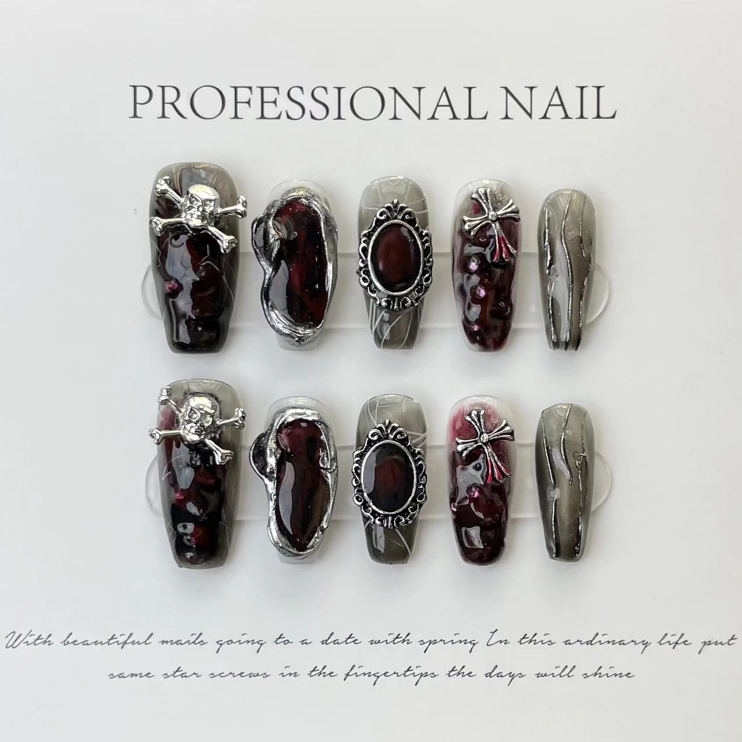 Unhas postiças de Halloween estilo dark spice girl caveira artesanal Crowe coração sentido avançado | 365nails