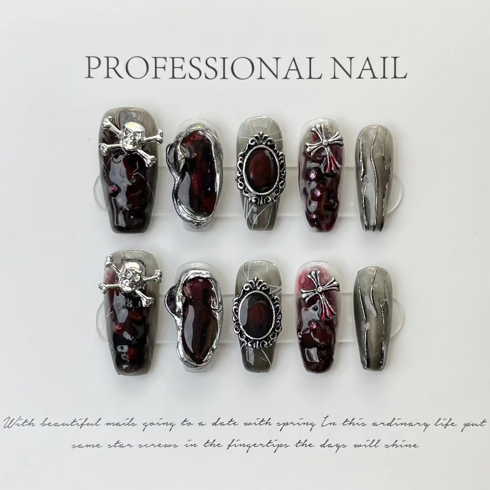 Unhas postiças de Halloween estilo dark spice girl caveira artesanal Crowe coração sentido avançado | 365nails