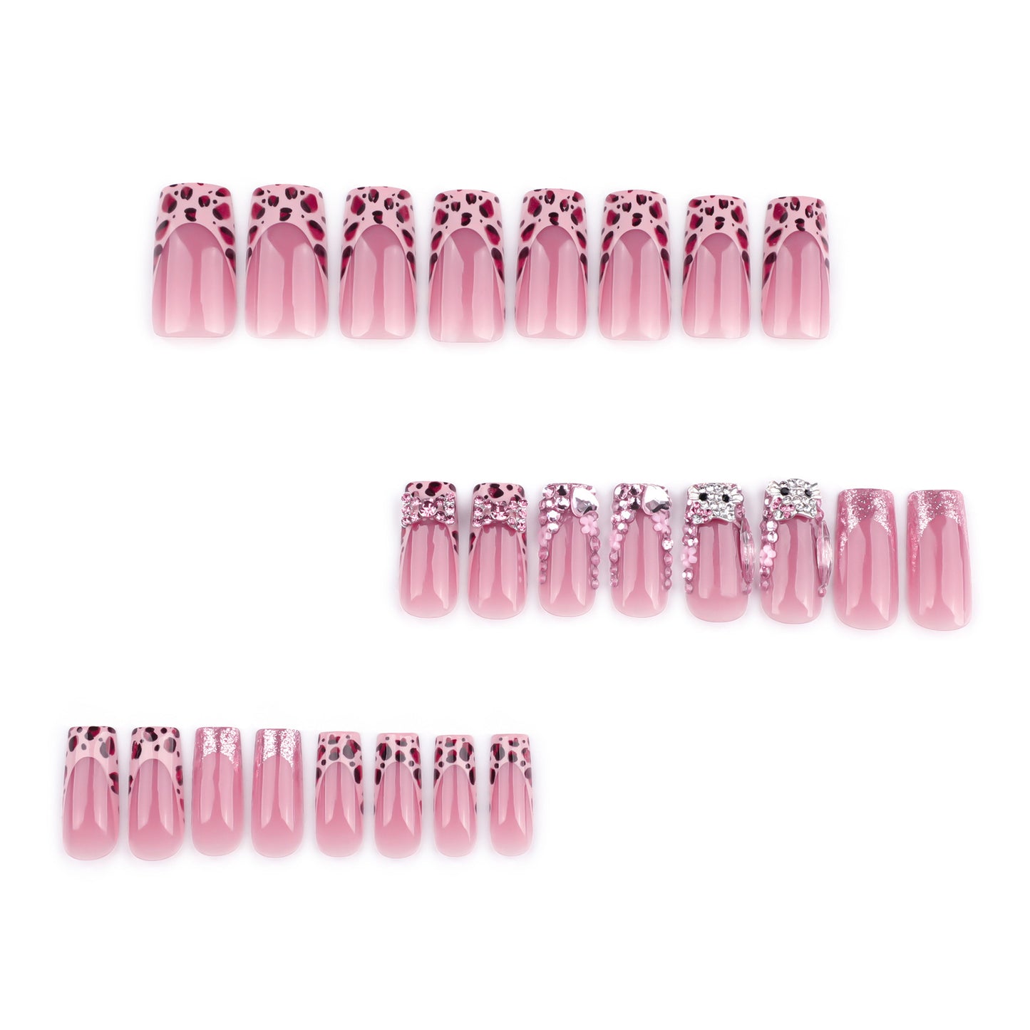 French leopard print manicure flash diamond flash cartoon cat fake nails flower bow|365nails