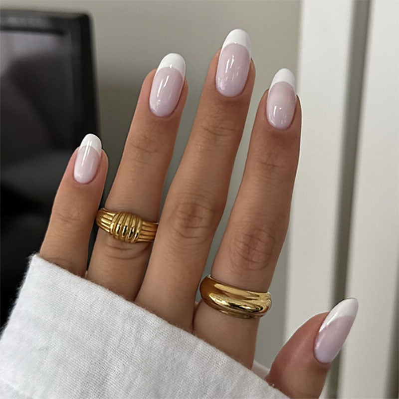 Unhas postiças clássicas rosa nude francesas brancas, unhas postiças curtas amêndoa finalizadas|365nails