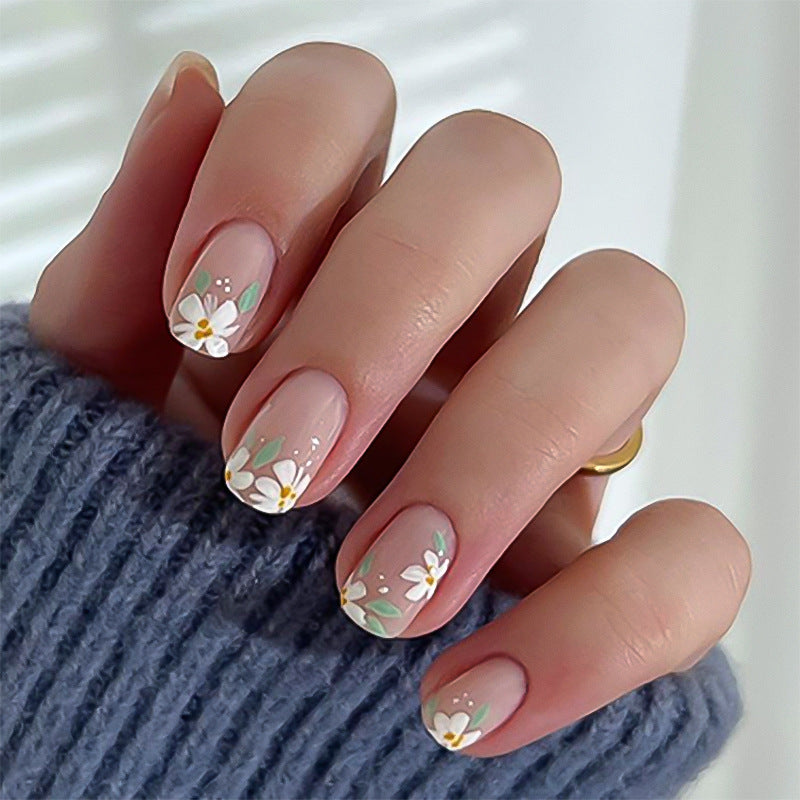 Spring and summer new nail art fake nails short square nail wearable nail piece small fresh flower wearable nail piece finished product wholesale|365nails