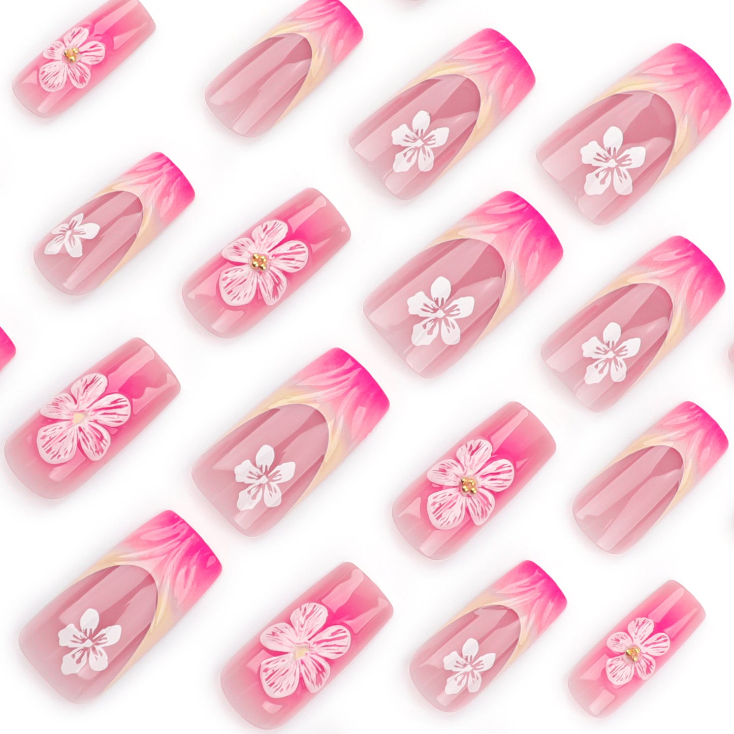 Manicure francesa 3D com mudança gradual, peça curta quadrada para unhas vestíveis, peça com acabamento em flor, atacado |365nails