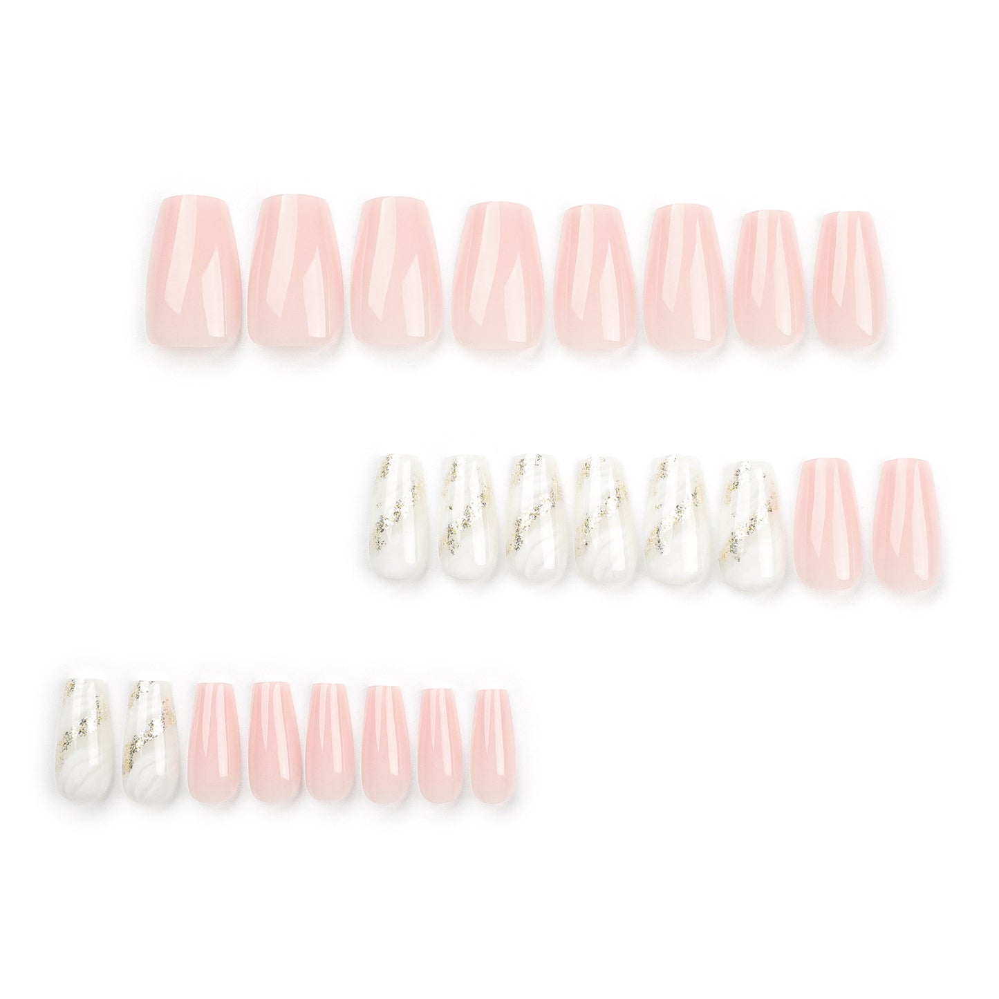Solid color pink press on nails white smudged gold glitter streamer nail piece finished ballet removable nail art|365nails
