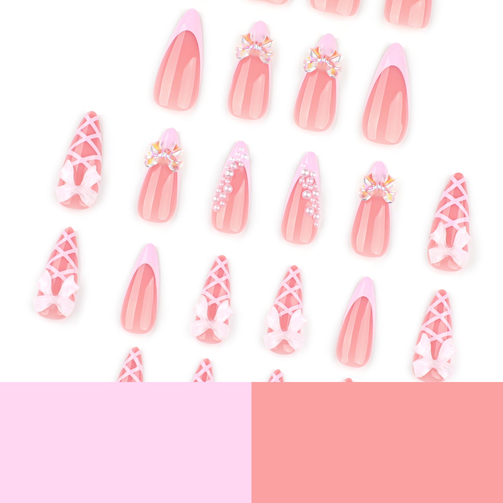 Three-dimensional bow French lotus root pink almonds sweet press-on nails