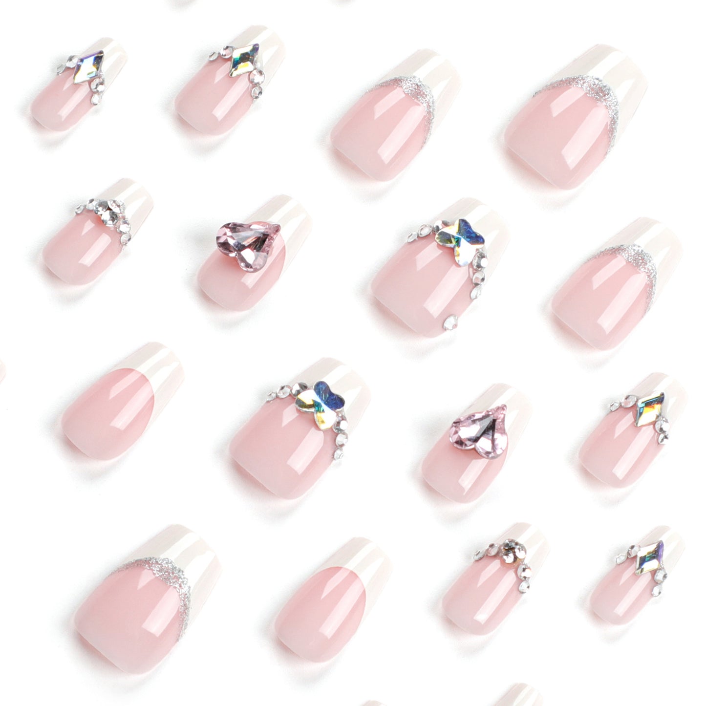 Unhas francesas com flash de diamantes explosivos, adesivos de unha removíveis e usáveis, arte de unhas falsas |365nails